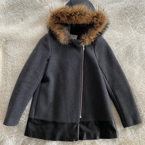 Sandro Manoli Fur Trim Leather Panel Wool Coat Gray - Picture 3 of 11